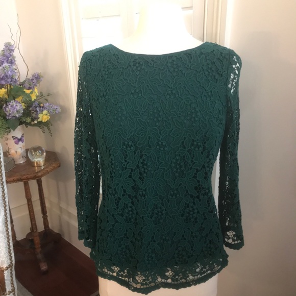 Talbots Pine Green 3/4 Length Sleeves Lace Top - Picture 1 of 7